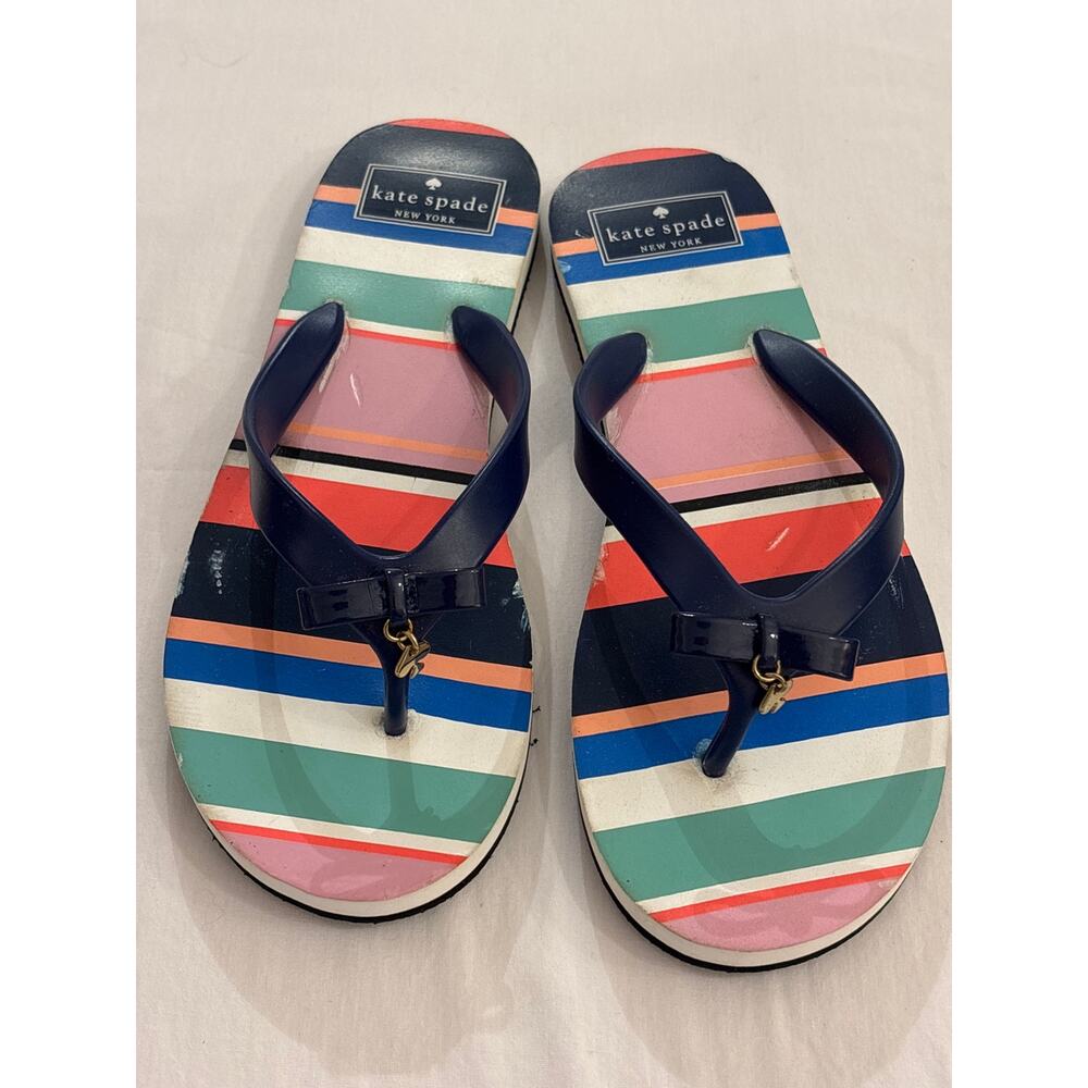 KATE SPADE Fifi Bow Navy Multicolored Striped Flip Flop Sandals Sz 8